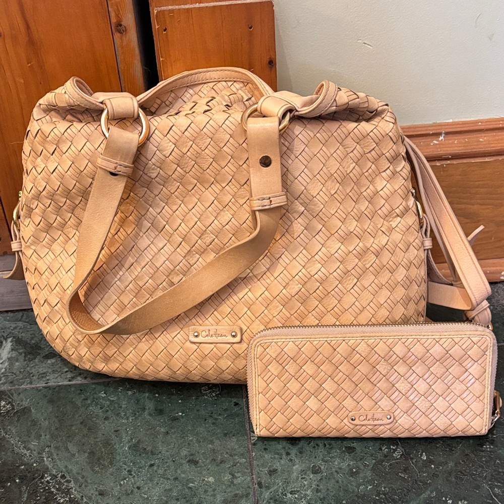 Cole Haan Beige Woven Leather Shoulder Bag and Wallet set
